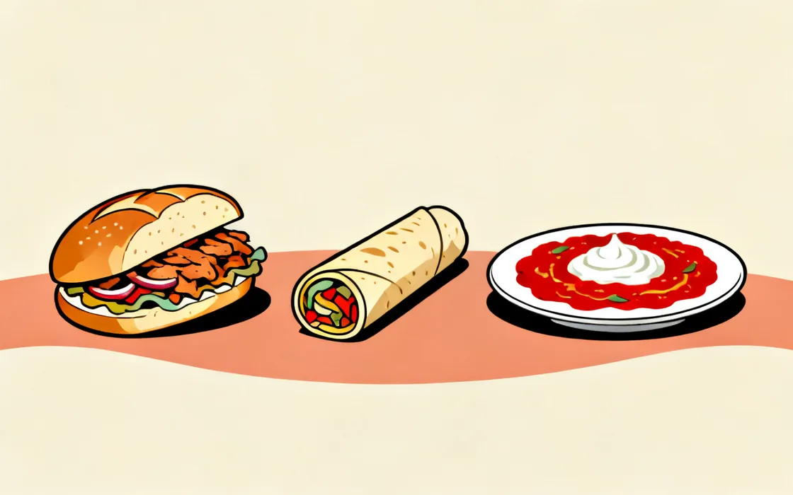 Illustration of döner service styles side by side: an ekmek arası döner in half a loaf, a tightly rolled dürüm wrap, and an iskender plate with tomato sauce and yoghurt.