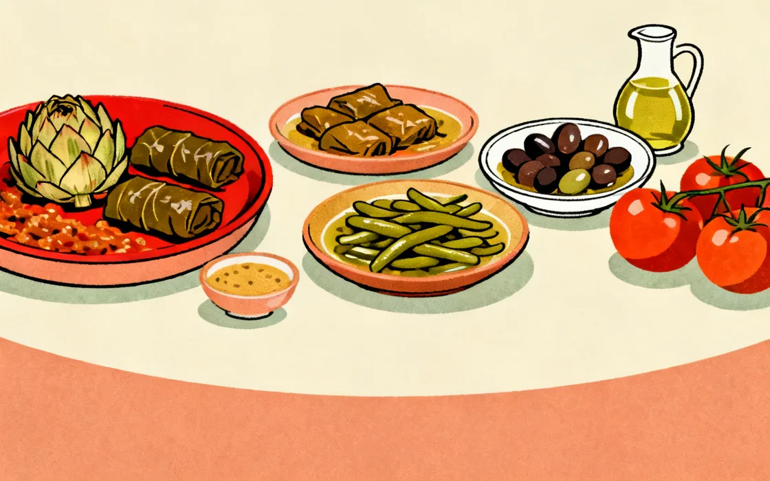 Illustration of a Mediterranean olive-oil vegetable meze spread: braised artichoke, stuffed vine leaves, green beans in olive oil, olives, tomatoes and a jug of olive oil.