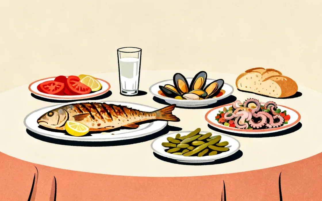 Illustration of a Turkish balık restoranı spread: a whole grilled sea bass with lemon, cold seafood meze of stuffed mussels, octopus salad and sea beans, with a glass of rakı and bread.