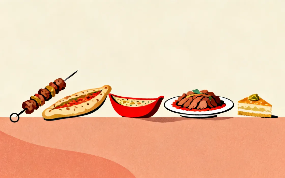 Illustration of Turkish signature dishes lined up: an Adana kebab skewer, a pide, a lahmacun, a plate of iskender döner and a slice of baklava.