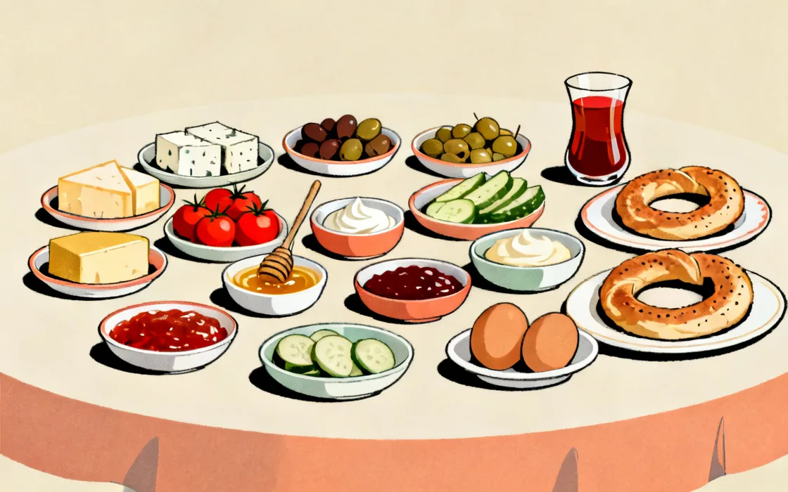 Illustration of a Turkish serpme breakfast spread: many small dishes of cheeses, olives, tomatoes, eggs, honey with kaymak, jams and simit with a glass of tea.