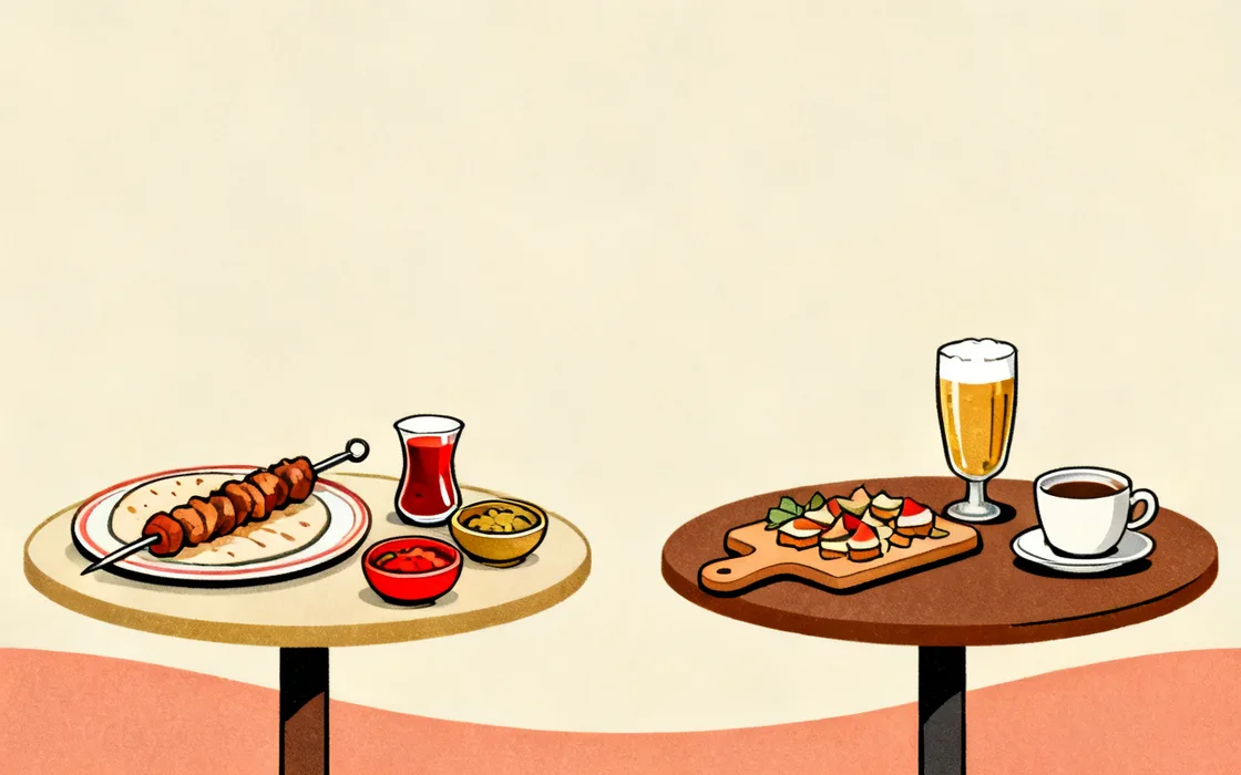 Illustration contrasting two tables: a Turkish grill-and-meze table with a kebab skewer, small meze bowls and a glass of tea, beside a Dutch brown-cafe setup with a glass of beer, a bites board and a coffee cup.