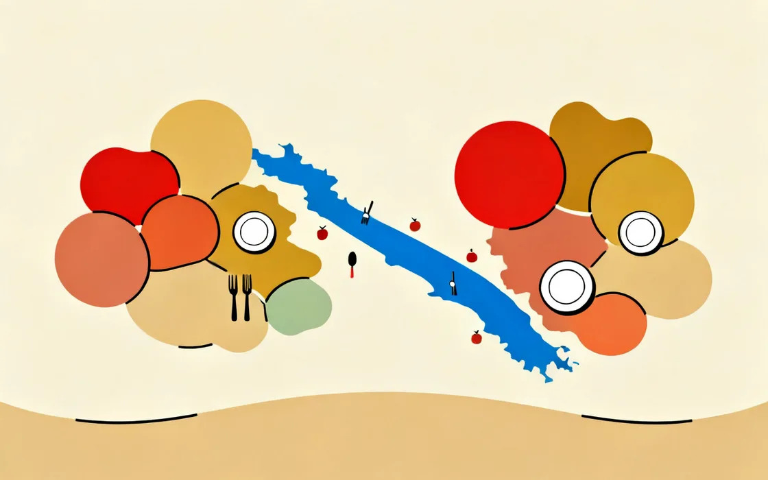 Illustration of Istanbul districts as soft rounded blocks of varying size on either side of a blue Bosphorus channel, dotted with small plate and fork markers.