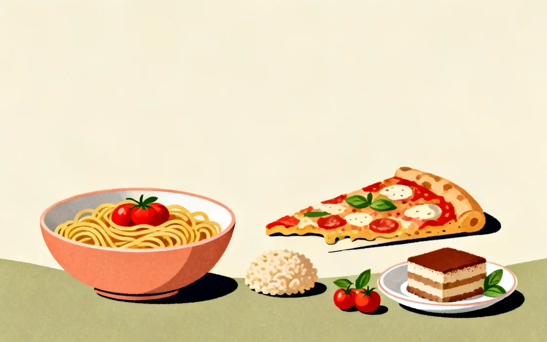 Illustration of the Italian core dishes lined up: a bowl of spaghetti with tomato, a wood-fired margherita pizza slice, a small risotto and a tiramisu, with basil and tomato accents.