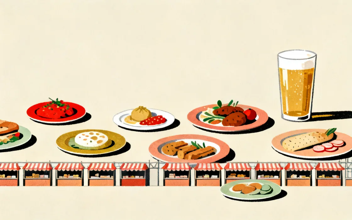 Illustration of an Amsterdam food-hall scene: a converted hall with small stall awnings and a spread of international small plates with a glass of beer.