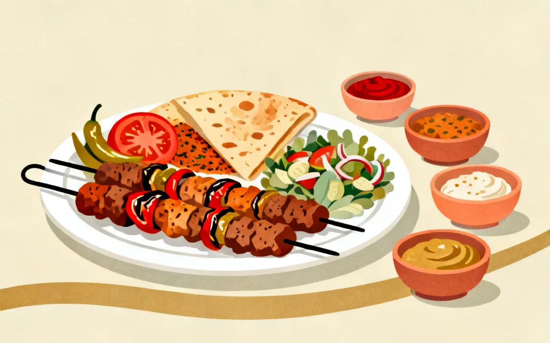 Illustration of an Ankara Aspava grill-house plate: a mixed kebab with grilled peppers, lahmacun, a salad and small free-starter bowls.