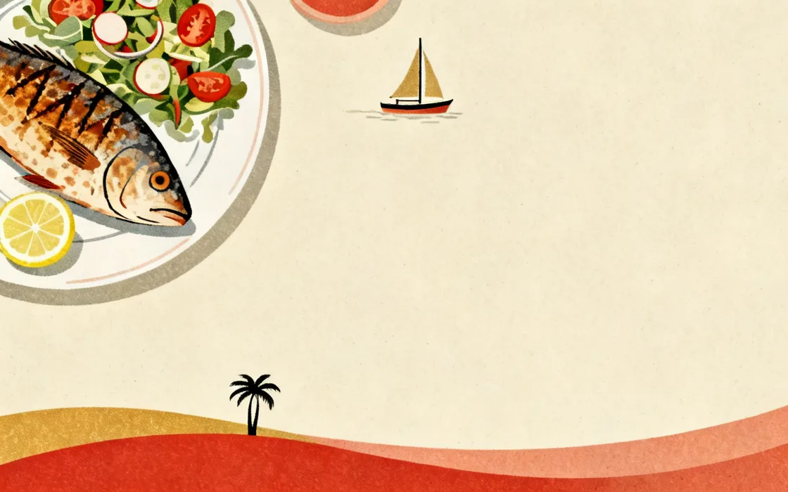 Illustration of an Antalya harbour-side fish plate: a grilled whole fish with lemon and a fresh salad, with a sailboat and palm in the background.