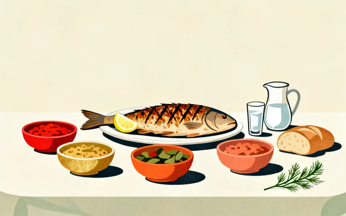 Illustration of a Kadıköy-style meyhane table: a whole grilled fish, small meze bowls, a glass of rakı and bread.