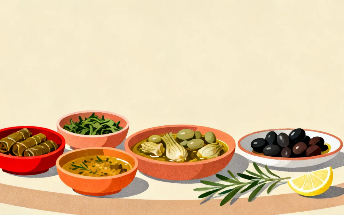 Illustration of an Aegean olive-oil meze spread: small bowls of vine leaves, wild greens and braised vegetables with olives and lemon.